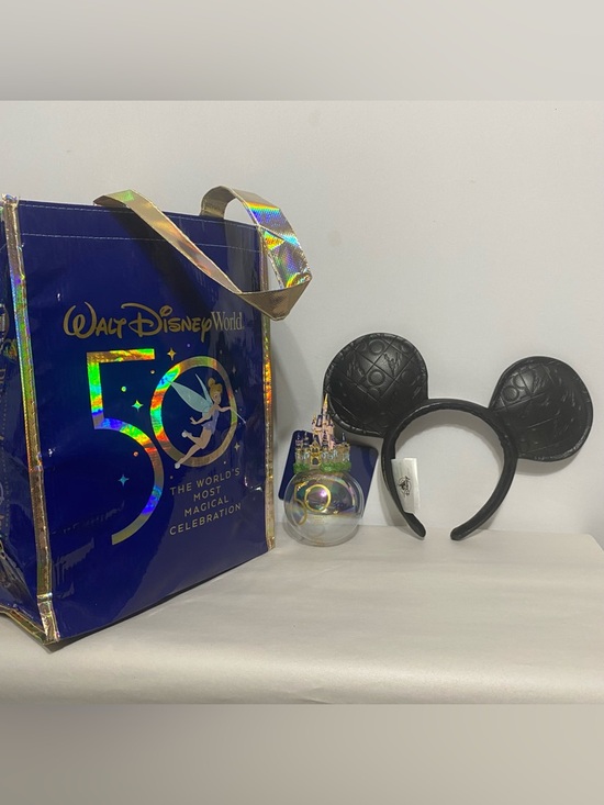 Other - Disney World 50th Anniversary Black Pleather Ears, Castle Ornament And Bag